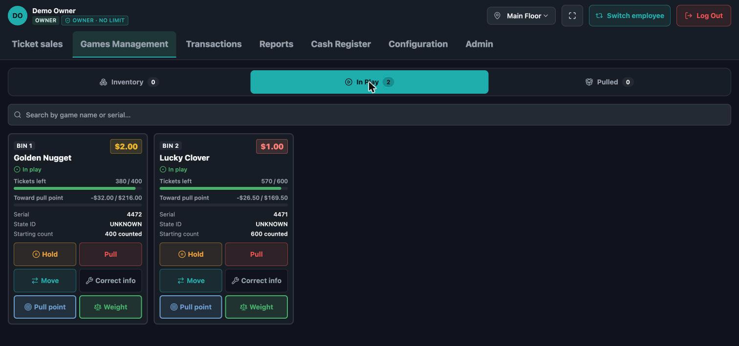TabsTrack Games Management screen showing games in play and pull-point progress