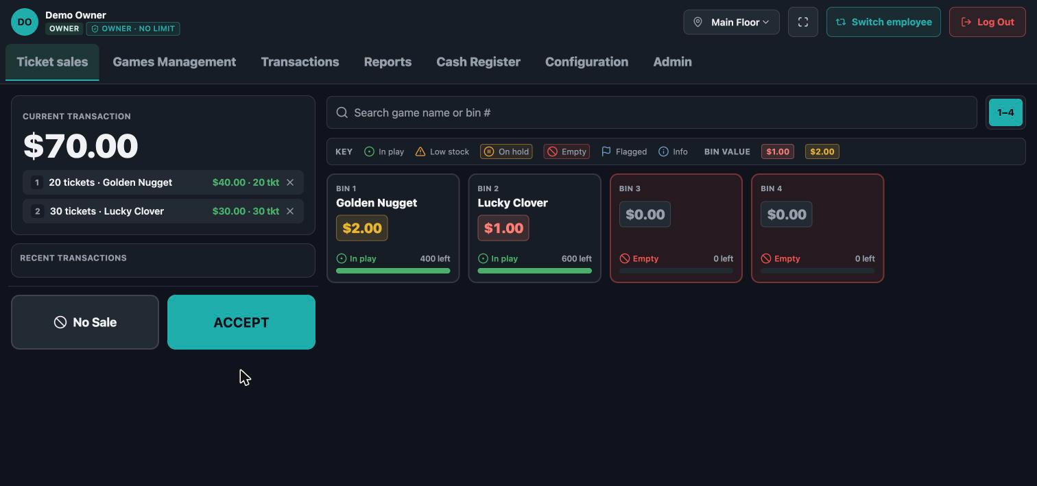 TabsTrack Ticket Sales screen showing a live cart and pull-tab bins