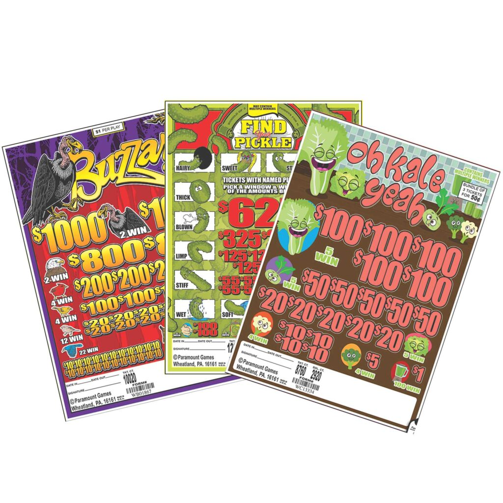 Fan of three colorful pull-tab game tickets — Buzzard, Find the Pickle, and Oh Kale Yeah